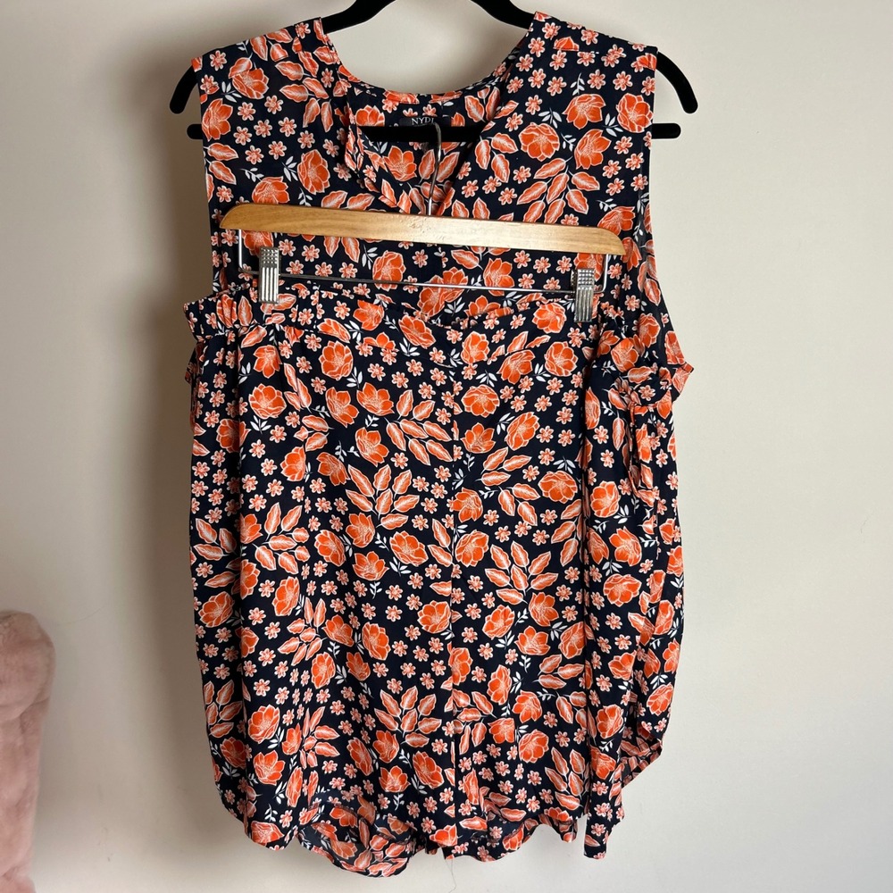 NYDJ Womens 1X Floral 2 Piece Set Navy Orange Sleeveless Blouse and Shorts Set